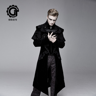 钢铁老爷欧式宫廷中世纪复古外穿黑色修身长款外套十字架拉链夹克