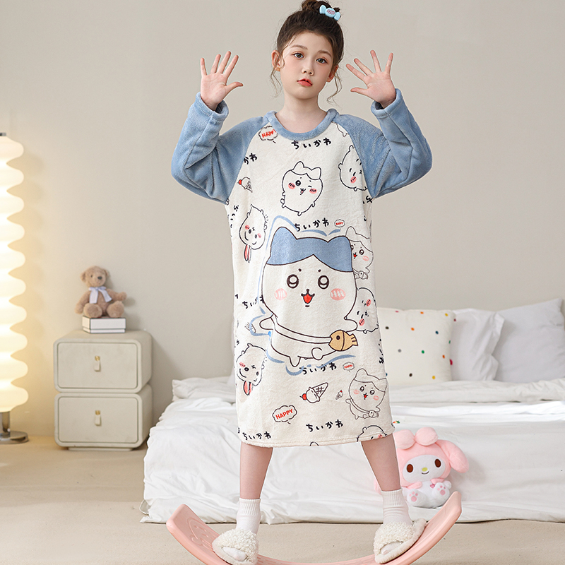 2025新款女童睡裙秋冬法兰绒儿童卡通加厚保暖家居服睡袍女孩睡衣