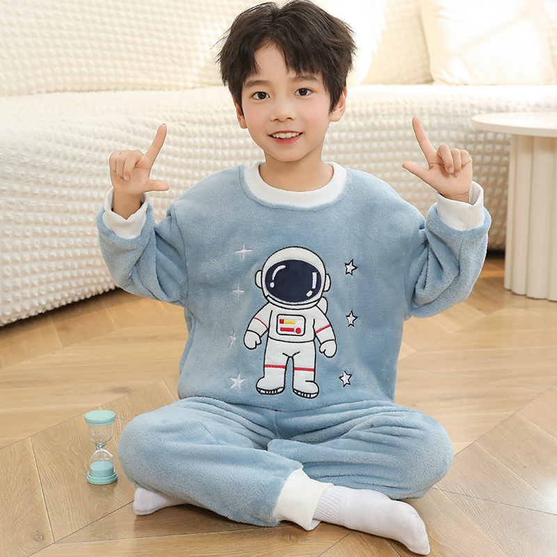 男童睡衣儿童秋冬季珊瑚绒加绒加厚款软绵绵法兰绒男孩家居服套装