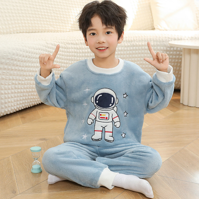 男童睡衣儿童秋冬季珊瑚绒加绒加厚款软绵绵法兰绒男孩家居服套装