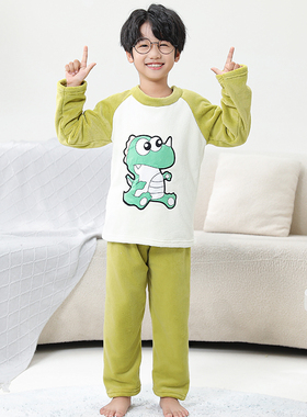 秋冬季新款男童法兰绒睡衣女童可爱宝宝加厚家居服儿童珊瑚绒套装