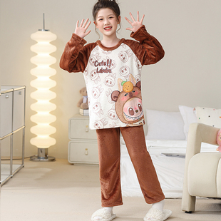 2025新款男童睡衣珊瑚绒薄款秋冬季中大童女孩宝宝儿童法兰绒套头