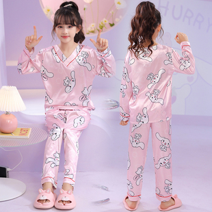 女童睡衣春秋款2025新款儿童秋季冰丝家居服大童可爱女孩长袖套装