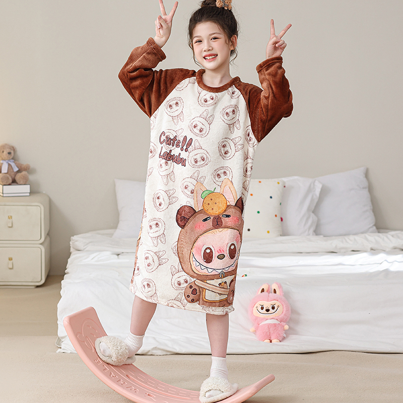 女童法兰绒睡裙秋冬季小孩儿童睡衣女公主珊瑚绒中大童家居服裙子