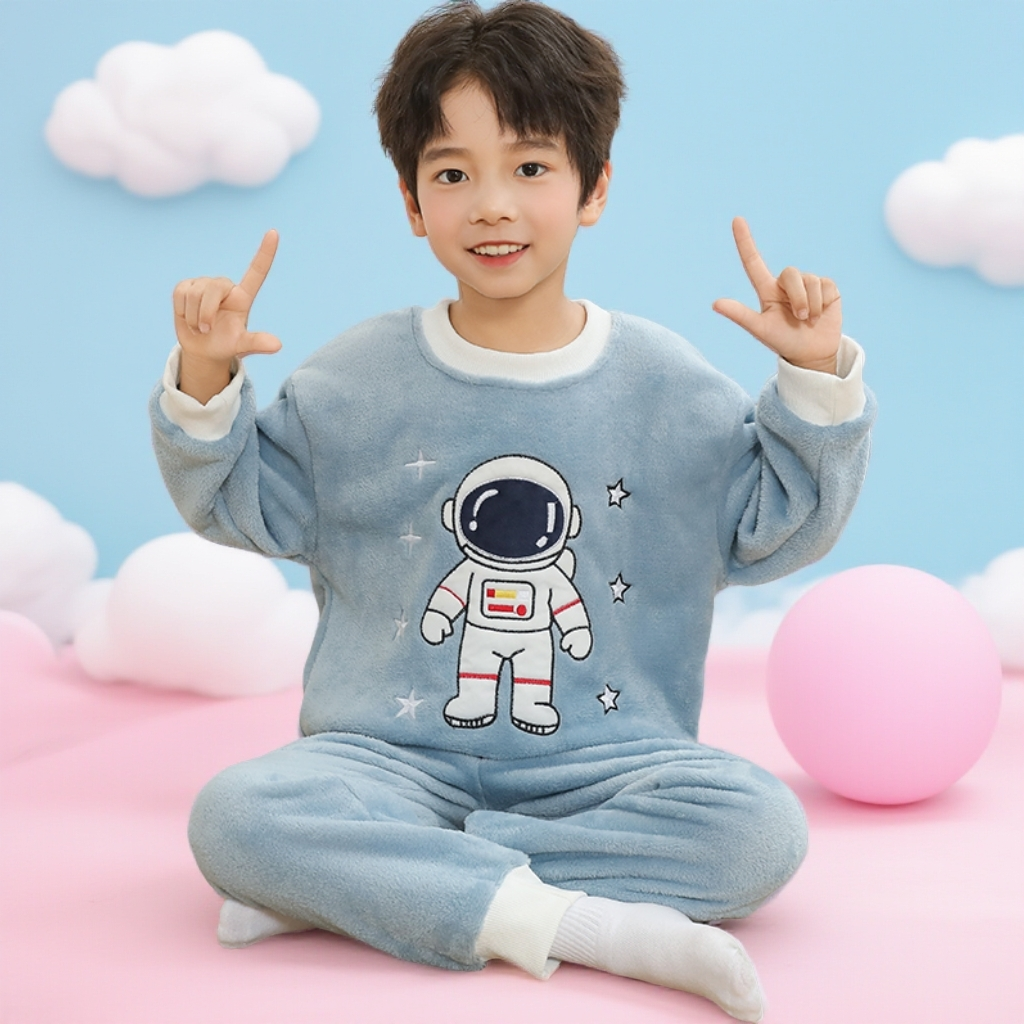 儿童法兰绒睡衣服装春秋冬季男女中大童宝宝小孩家居服珊瑚绒套装