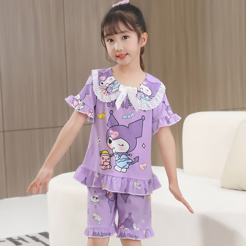 女童睡衣2025新款夏季儿童花边短袖薄款套装小女孩夏款大童家居服