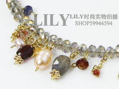 进口水晶饰品 淡水珍珠 红碧玺 玉石 石榴石 发晶 气质女人短项链