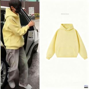 陈浚铭王橹杰同款黄色蓝色卫衣落肩连帽450克重磅大毛圈宽松T恤女