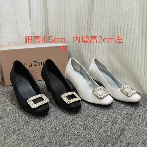 绸缎水钻方扣浅口中跟方头内增高