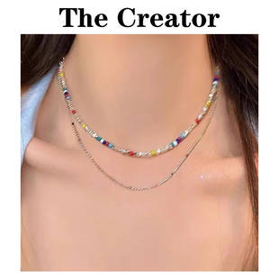 999纯银彩色串珠碎银子项链女款2025新款春夏多巴胺叠戴锁骨链