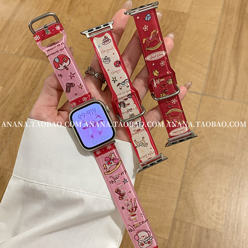 新年红卡通马插画硅胶表带适用applewatchs11苹果s10/se3/ultra潮