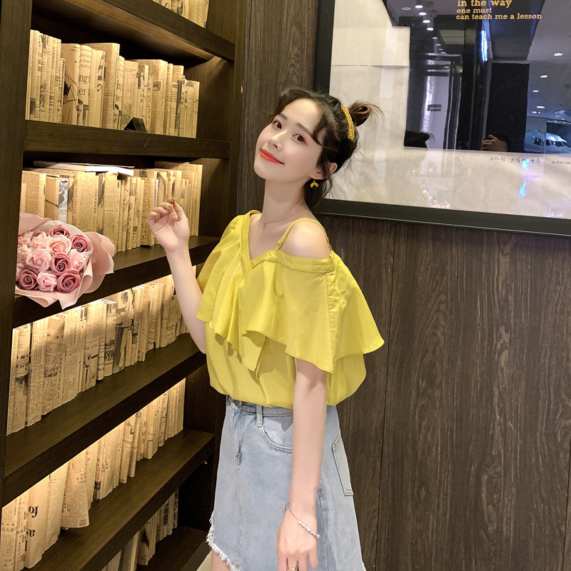 很仙的上衣洋气荷叶袖雪纺衫女2020夏新款韩版修身一字露肩上衣女