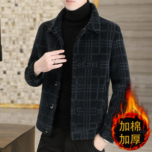 品牌金貂绒男士夹克2025冬季潮短款翻领修身格子毛呢加厚保暖外套