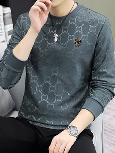 秋衣男款卫衣秋季新款潮流修身圆领印花男士高端薄款长袖T打底衫