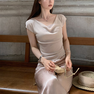 现货 中古香颂~天丝蚕桑丝荡领小针织 5色短袖上衣女设计感小众