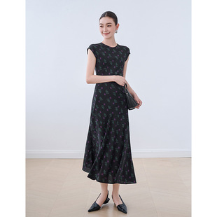 晕染曲线美感新中式 改良旗袍单层桑蚕丝连衣裙女小碎花真丝鱼尾潮