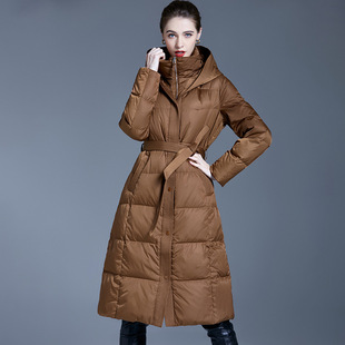 欧洲站秋冬新款 收腰连帽加厚保暖外套现代风 白鸭绒羽绒服女中长款