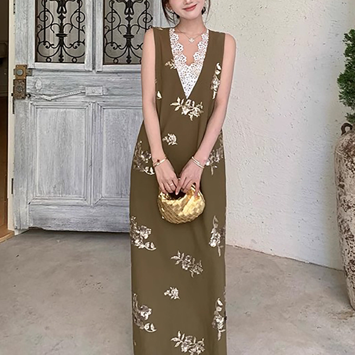 拼接无袖真丝连衣裙女法式气质