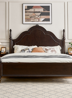 蒙杰西法式中古风全实木床黑胡桃色高级双人床复古美式床简约大床