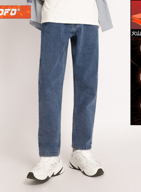 发热面料新款冬季季浅蓝色保暖简约直筒宽松加绒加厚牛仔裤男潮牌