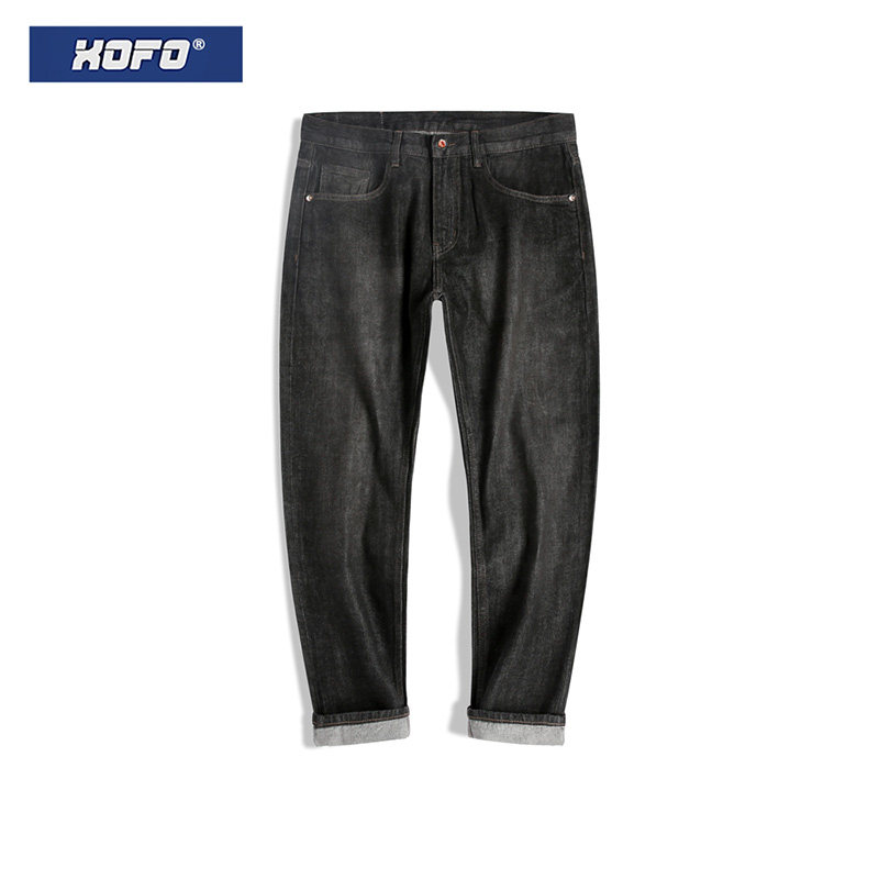 日系黑色九分牛仔裤男冬休闲宽松直筒小脚水洗赤耳丹宁裤子潮牌