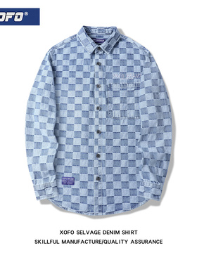 秋季新款蓝色格子牛仔衬衫男休闲内搭棋盘衬衣男士百搭外套潮牌
