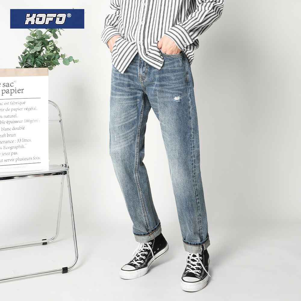蓝色日系阔腿牛仔裤男款冬季新款休闲直筒宽松赤耳丹宁垂感长裤