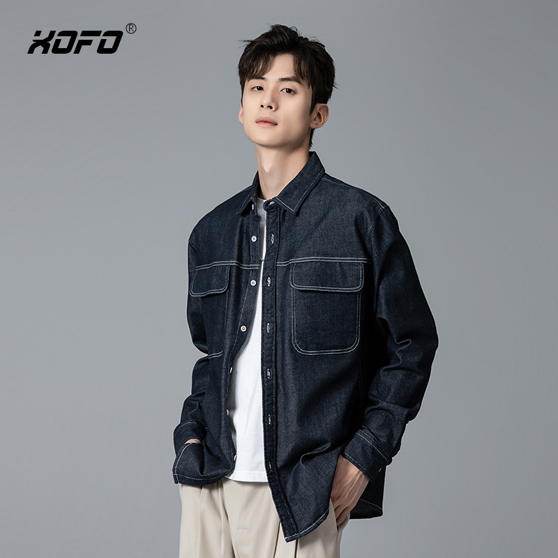 XOFO秋季新款蓝色工装男衬衫休闲宽松内搭打底男士长袖衬衣外套