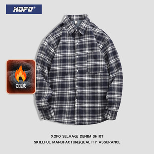 冬季蓝色美式复古加绒加厚格子衬衫男休闲宽松保暖内搭男士衬衣