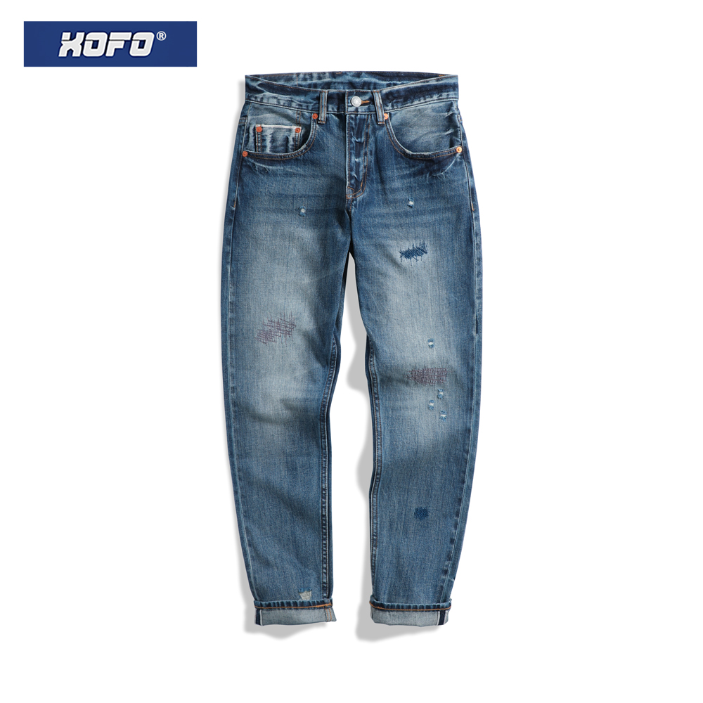 不规则刺绣水洗复古男丹宁牛仔裤