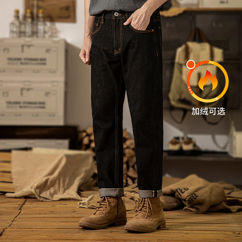 新款高端美式复古宽松直筒小脚牛仔裤男士冬季修身长裤潮流赤耳
