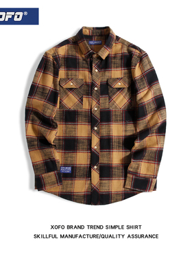 秋季黄色复古港风日系格子衬衫男士宽松休闲衬衣男长袖外套潮牌