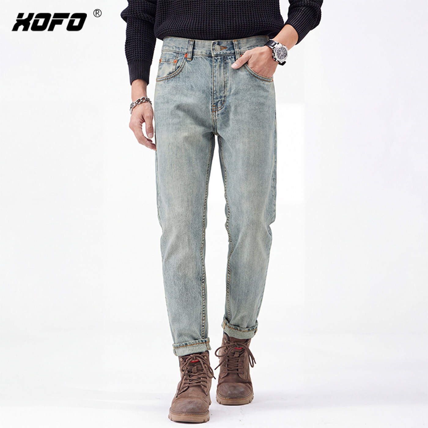 浅色赤耳丹宁男士牛仔裤2026新款潮牌高端小脚九分裤子时尚长裤潮