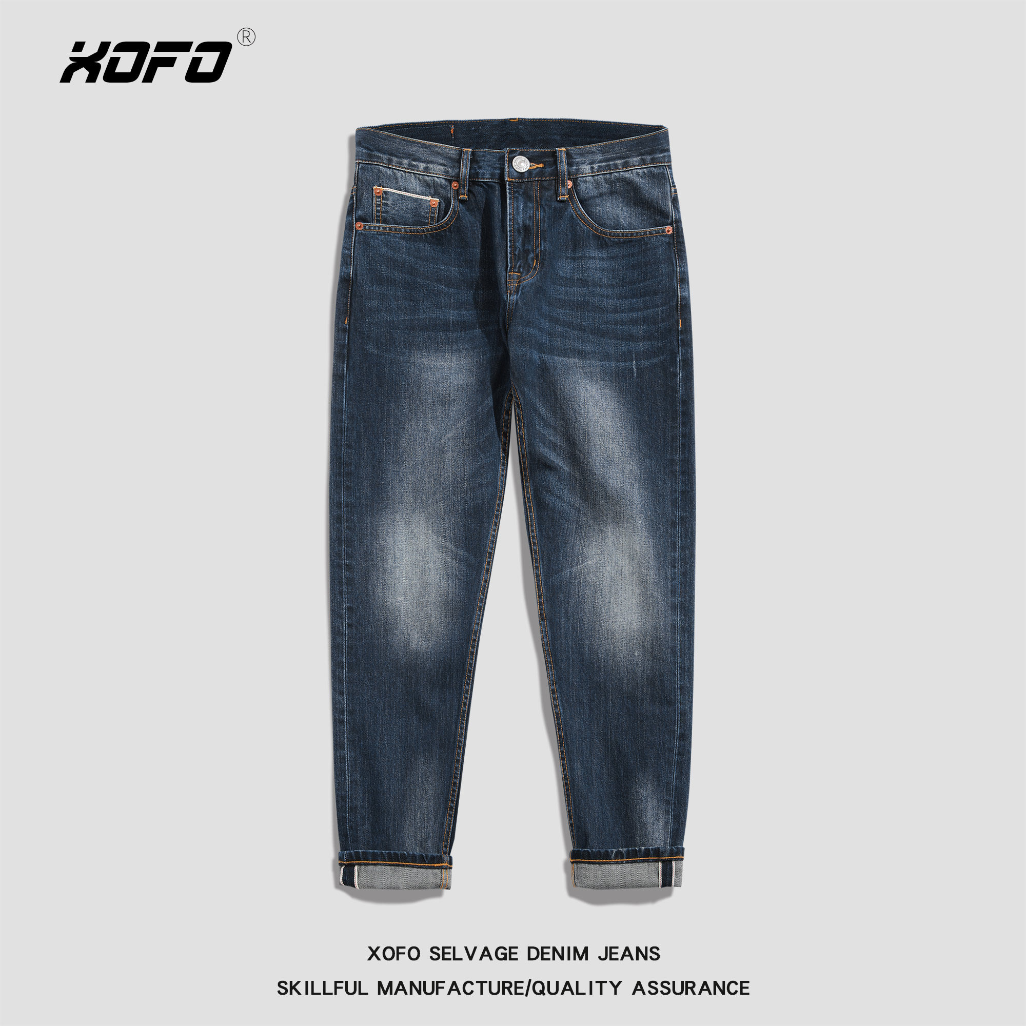 夏新款深蓝色水洗休闲牛仔裤潮流直筒宽松赤耳丹宁小脚长裤男