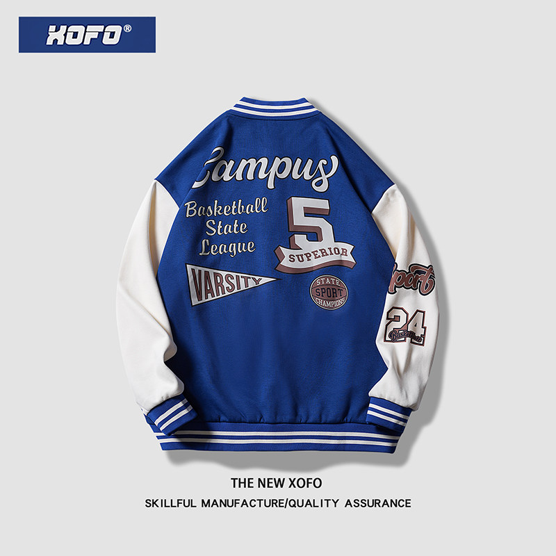 美式棒球服男士秋季蓝白拼接情侣宽松国潮夹克男休闲外套男上衣