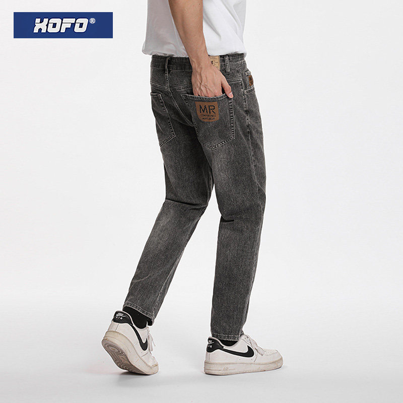 新款牛仔裤男直筒潮流弹力修身小脚灰色休闲男裤冬款九分裤子潮