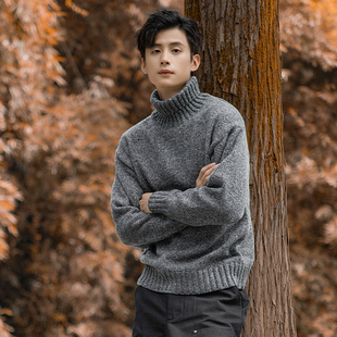秋季新款灰色慵懒加厚毛衣男士休闲宽松高领保暖圆领长袖针织衫