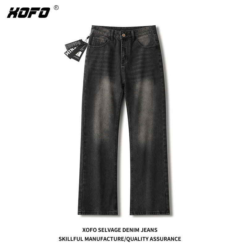 xofo新款水洗黑灰色微喇显瘦显高时尚潮流牛仔裤子男士夏季时尚