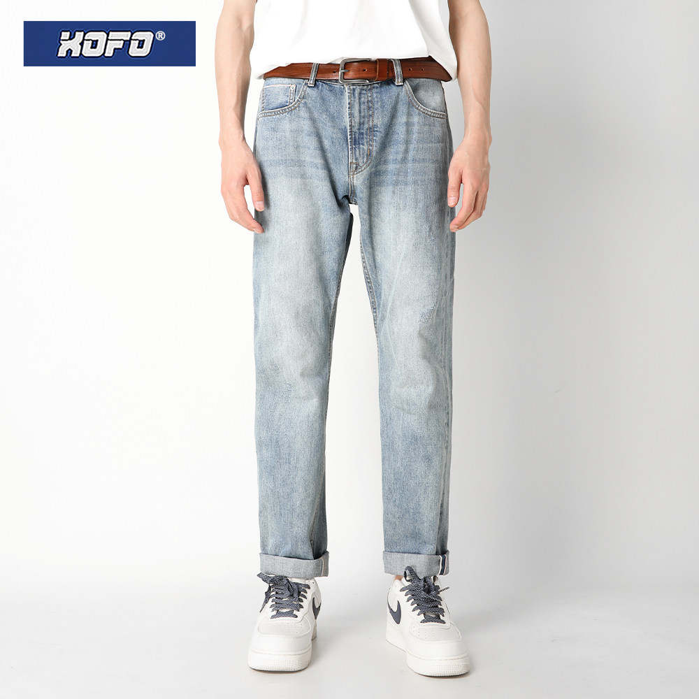 2026新款休闲水洗复古阔腿浅蓝色直筒宽松休闲赤耳牛仔裤男款冬