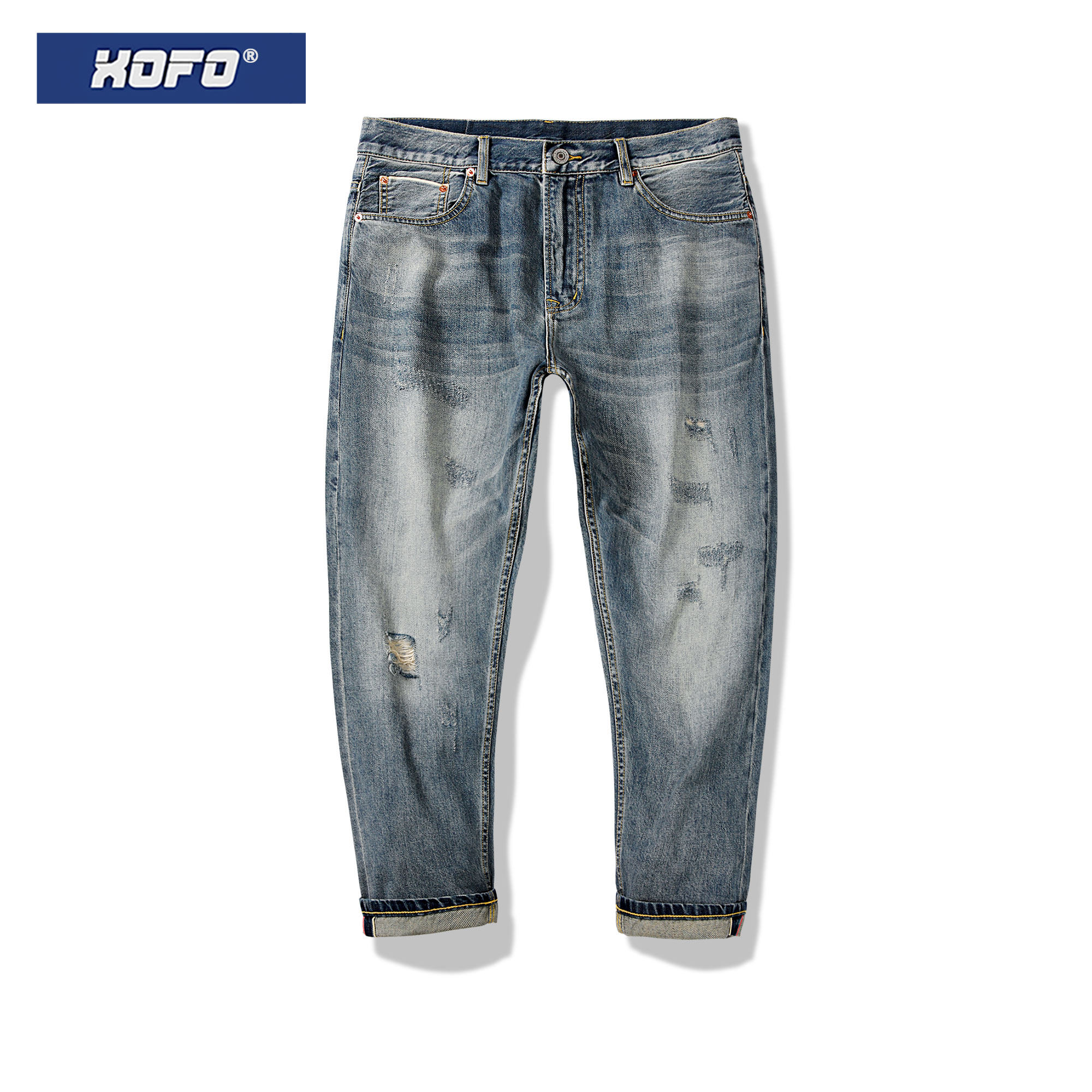 复古九分破洞牛仔裤男夏新款休闲直筒宽松锥形小脚水洗裤子潮流