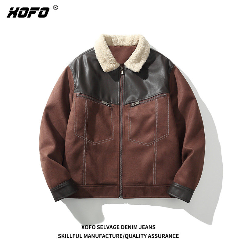 2026年新款美式复古休闲百搭仿麂皮绒拼接夹克男士酒红色加绒外套