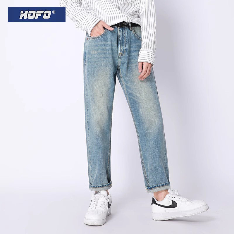 2026年冬新款 小刮烂设计 浅色休闲水洗男款小脚宽松长裤牛仔裤