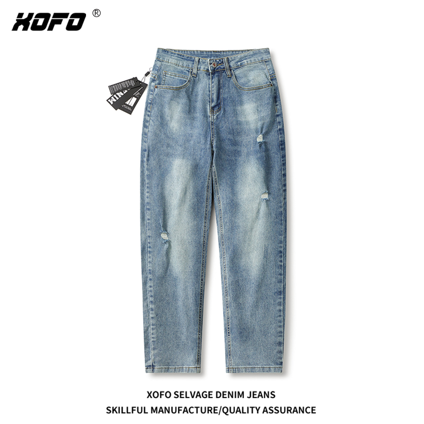 XOFO男装 石磨水洗 秋款浅蓝色宽松长裤破洞牛仔裤子男士美式休闲