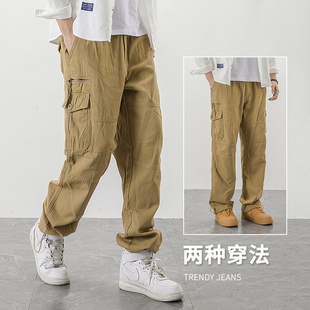 冬款卡其色日系痞帅工装休闲裤男生冬季港风宽松直筒水洗长裤子