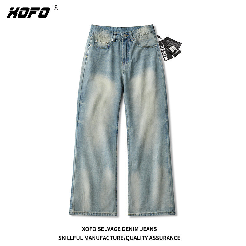 xofo新款水洗高级复古怀旧蓝牛仔裤子男宽松微喇长裤子舒适时尚款