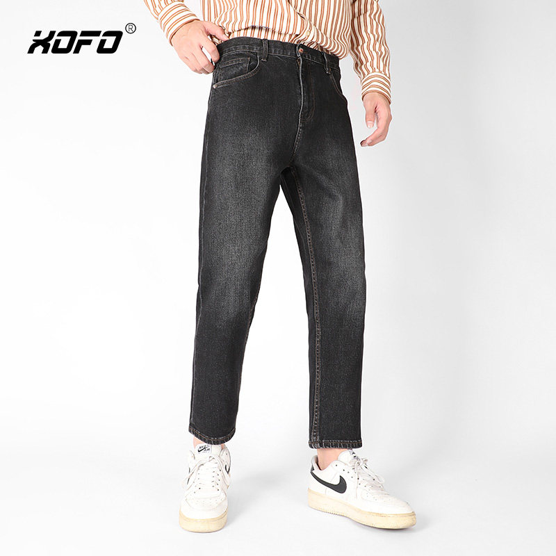 冬款水洗黑牛仔裤男锥形小脚修身高端九分裤男款休闲裤潮流