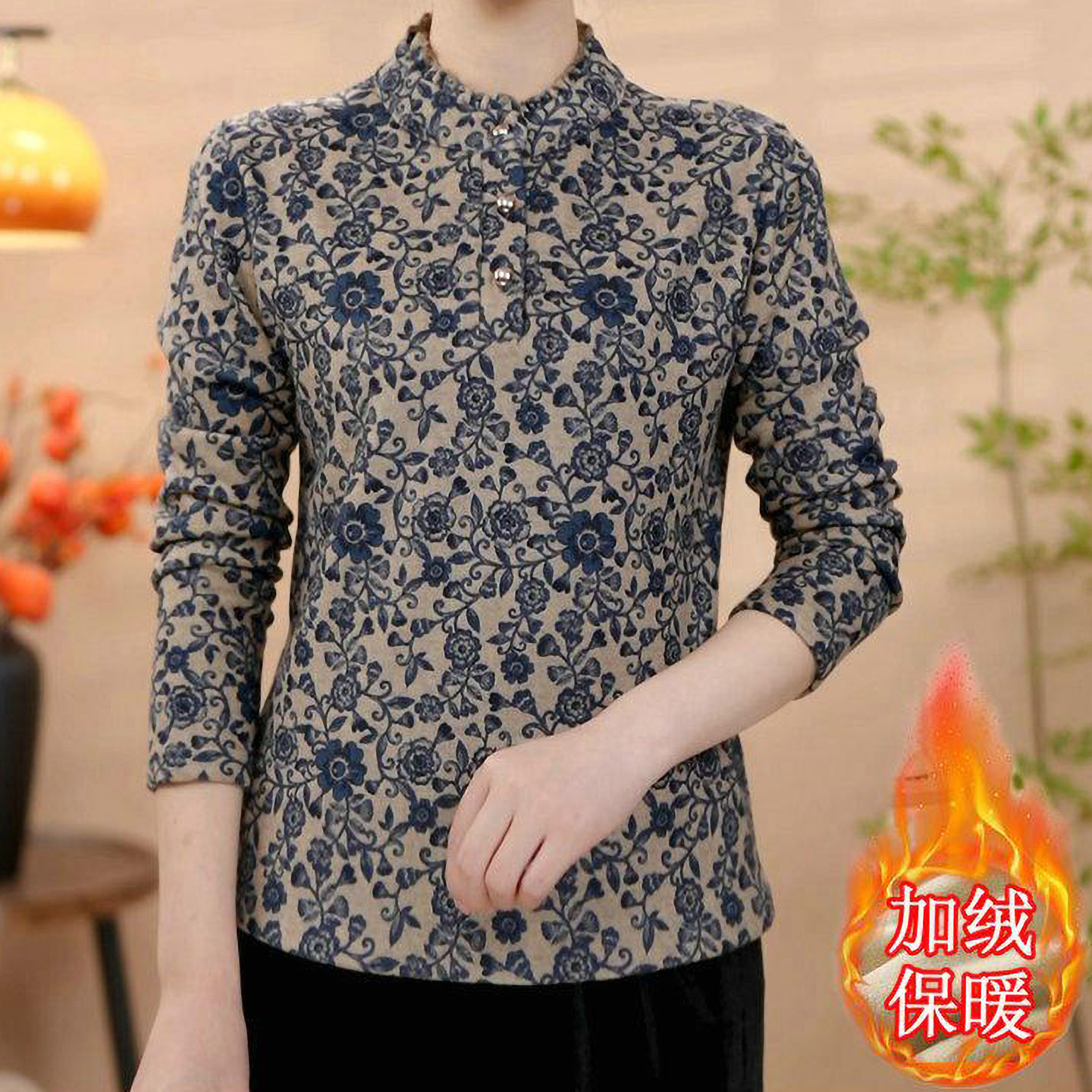 好品2025冬季新款加绒加厚小衫女木耳领立领中老年减龄长袖保暖上