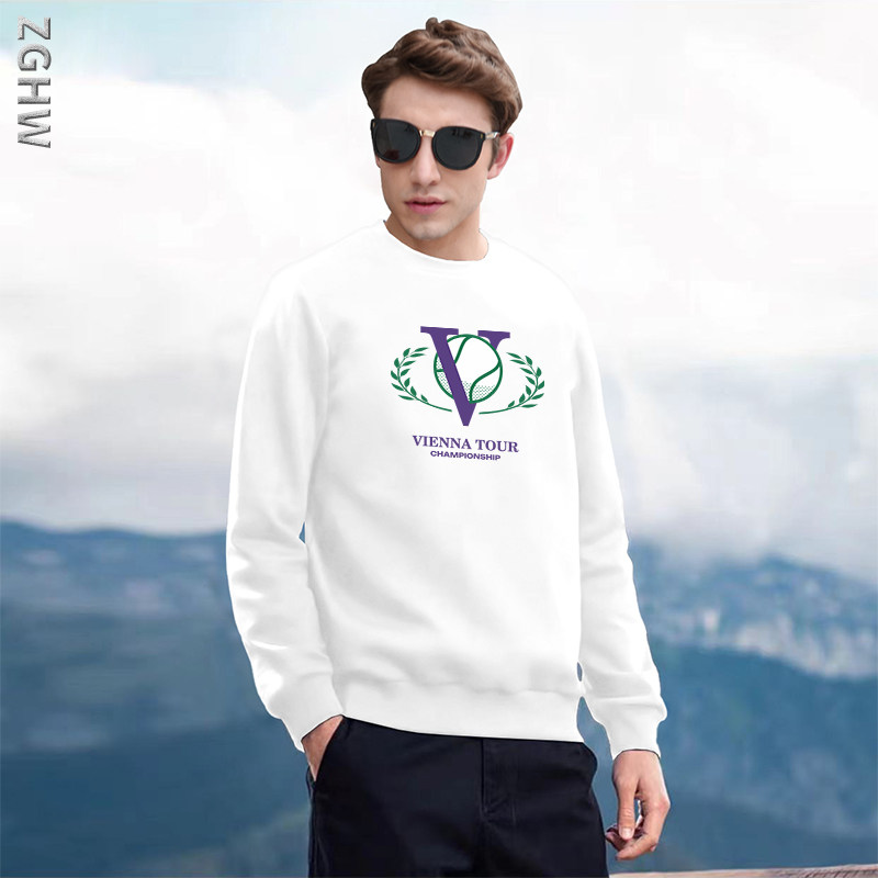 ZGHW男士卫衣2026新款潮流网球印花春秋季长袖修身白色无帽上衣服