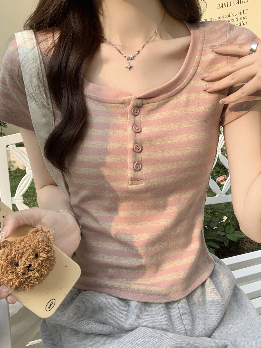 韩版条纹短袖t恤女纯棉2024夏季新款半开领修身显瘦小个子短上衣