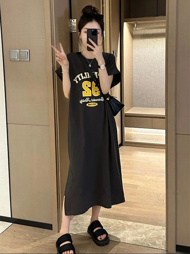 韩版连衣裙女长裙短袖t恤20234夏宽松休闲短袖中长款a字裙懒人裙